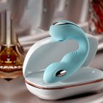 a cyan color Freya rabbit vibrator in box
