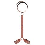 a brown collar and 2 shackles connected by leather chain