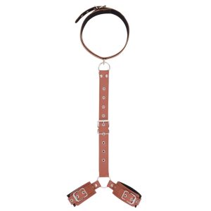 a brown collar and 2 shackles connected by leather chain