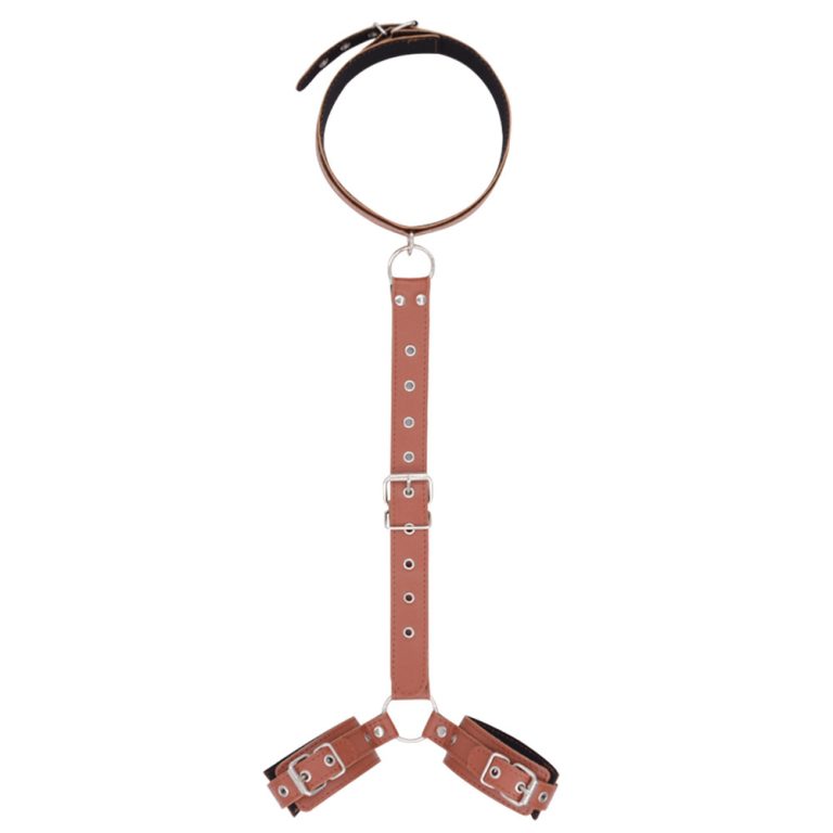 a brown collar and 2 shackles connected by leather chain
