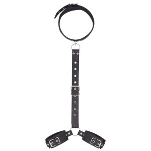 a black collar and 2 shackles connected by leather chain