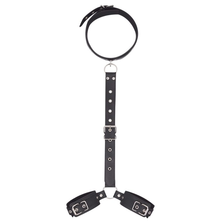 a black collar and 2 shackles connected by leather chain