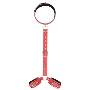 a red collar and 2 shackles connected by leather chain