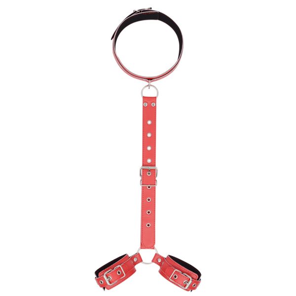 a red collar and 2 shackles connected by leather chain
