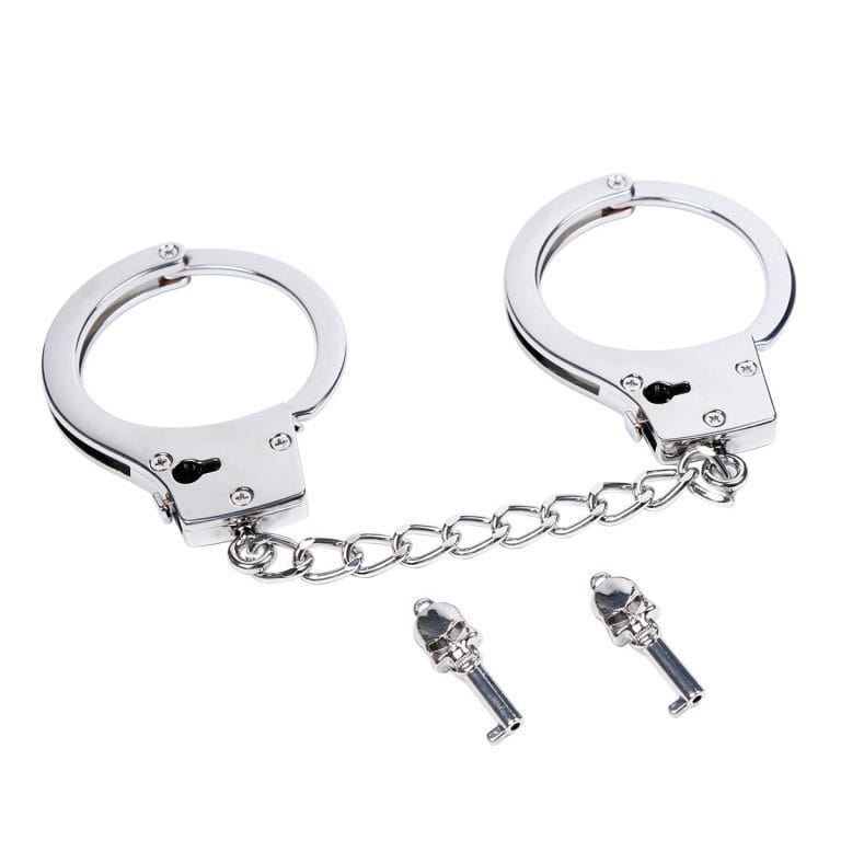 a silver stainless steel handcuffs with key