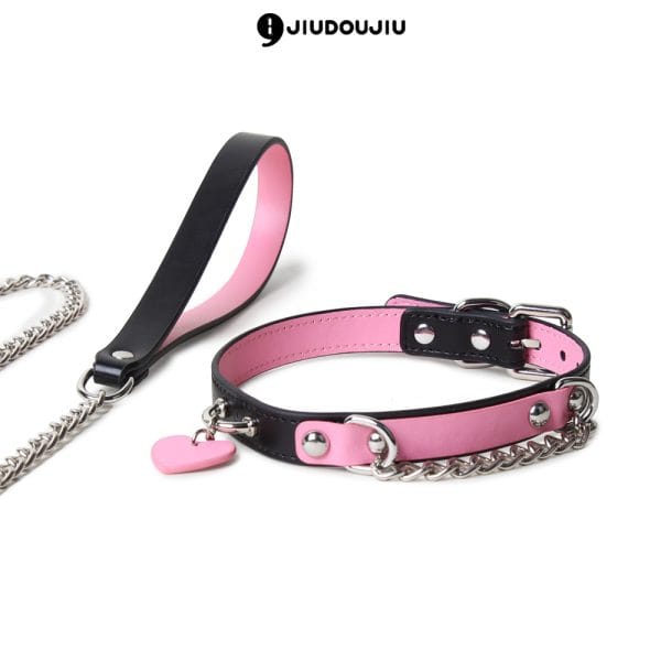 a black and pink collar with leash