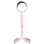 a pink collar and 2 shackles connected by leather chain, blacka collar and 2 shackles connected by leather chain