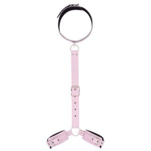 a pink collar and 2 shackles connected by leather chain, blacka collar and 2 shackles connected by leather chain