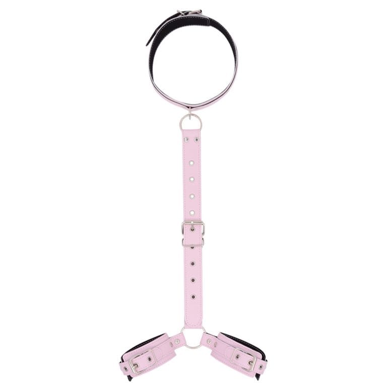 a pink collar and 2 shackles connected by leather chain, blacka collar and 2 shackles connected by leather chain
