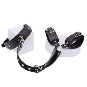 a collar and 2 shackles connected by leather chain, black