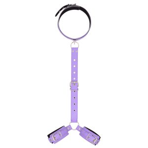 a purple collar and 2 shackles connected by leather chain