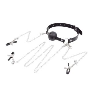 a black nipple and clit clamps with gag ball