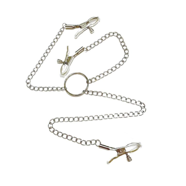 a silver nipple and clitoral clamps