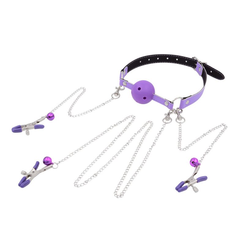 a purple nipple and clit clamps with gag ball