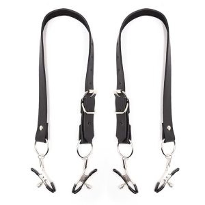 Double black nipple and clitoral clamps with leather