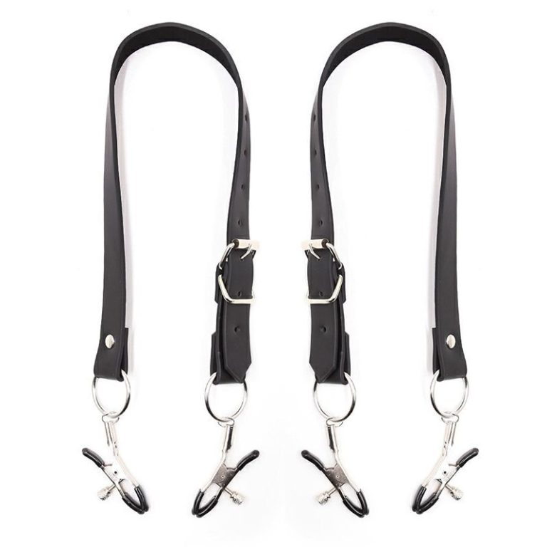 Double black nipple and clitoral clamps with leather