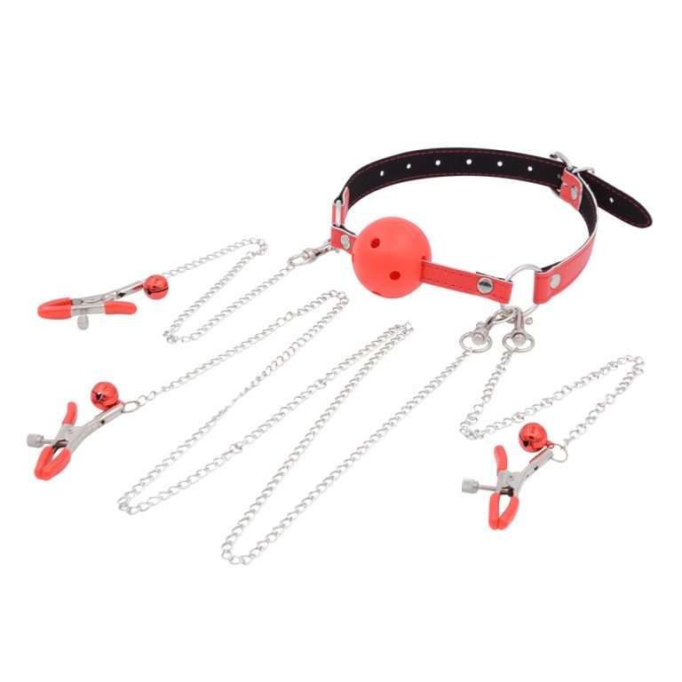 a red nipple and clit clamps with gag ball