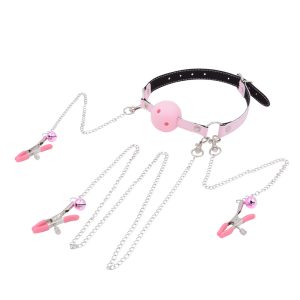 a pink nipple and clit clamps with gag ball