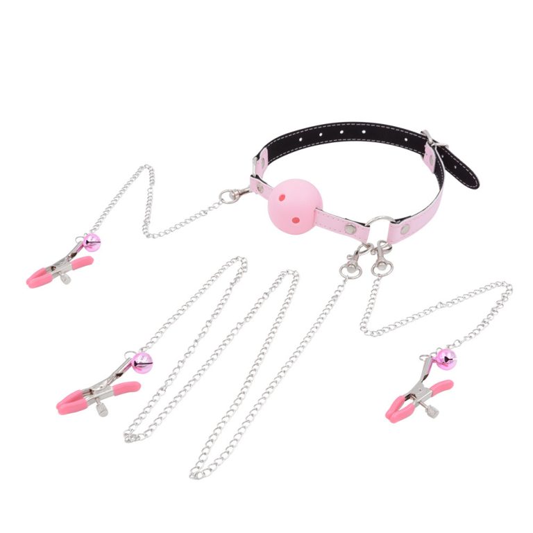 a pink nipple and clit clamps with gag ball
